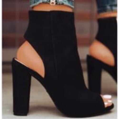 Women sandals Flock Slip On 8CM Thick heel High heels Peep Toe Shallow women shoes sandalias mujer 2020 size 35-42 black