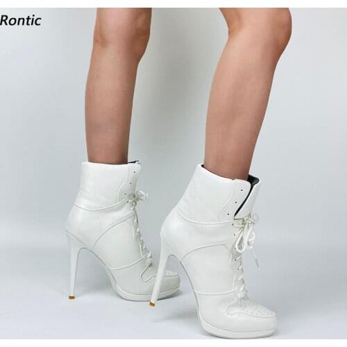 Rontic Handmade Women Winter Ankle Boots Unisex Lace Up Sexy Stiletto Heels Round Toe Pretty White Casual Shoes US Size 5-20