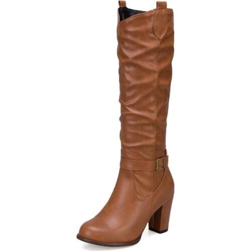 Big Size boots women woman winter boots women women shoes botas Fold belt buckle sleeve thick heel round head