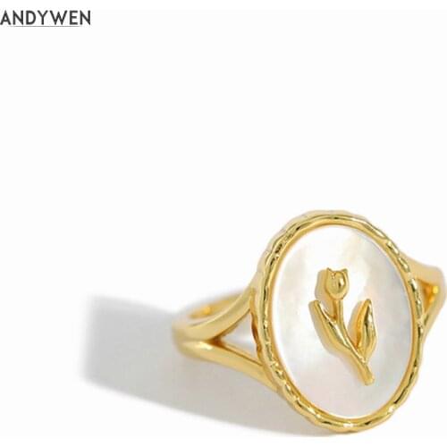 ANDYWEN 925 Sterling Silver Geometric Irregular Adjustable Ring Women Fashion Luxury Crystal Jewelry Flower European