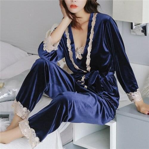 Winter Women Pajamas Set 3 Pcs Lace Patchwork Sashes Warm Cardigans Sexy Bottoming Vest Casual Long Pants Homewear Pijama Sets