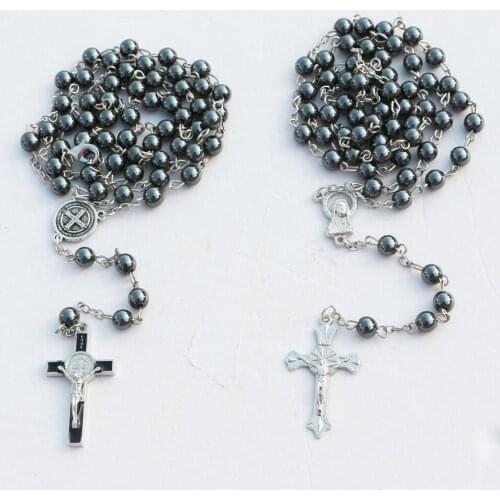 10pcs 2styles handmade 6mm hematite beads rosary chain/religious necklace Catholic Cross Religious Necklaces