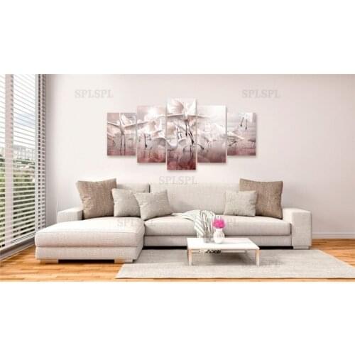 5 Pieces White Pink Wall Art Taking Off Birds Canvas Painting Magnolias Posters and HD Prints Modular Pictures for Living Room