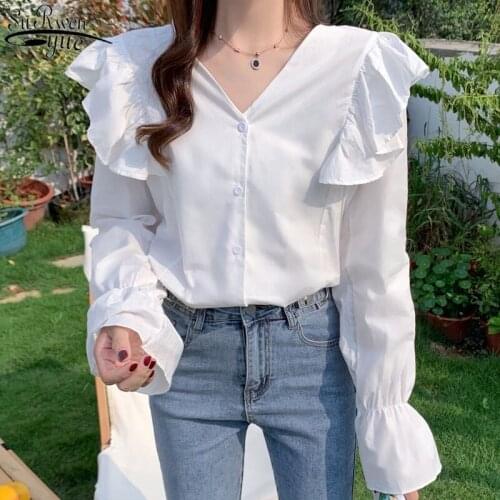 Korean Long Sleeve Loose White Womens Shirt Ruffled Latern Sleeve Cotton Fashion Women Blouses V-neck Office Lady Style 12011