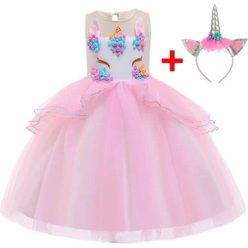 Baby Girl Unicorn Dresses Kids Girls Cosplay Ball Gown Party Dress With Headwear Children Girl Princess Dress DJS006