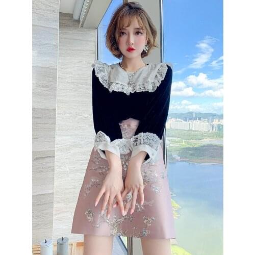 Retro palace style stitching sweet lace lapel loose top womens clothing 2020 autumn new