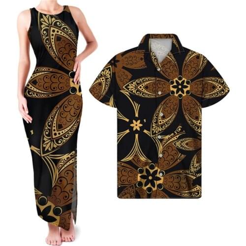 HYCOOL Polynesian Hibiscus Designer Brown Tank Dresses Temperament Elegant Women Sleeveless Gowns Bodycon Maxi Match Mens Shirt
