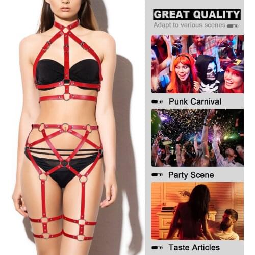 Gothic Sexy Bdsm Erotic Lingerie Set Woman Leather Body Harness Halter Tops Bondage Cage Bra Straps Garters Belt For Stockings