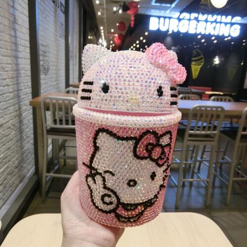 Shinning Rhinestone Kawaii Trash Bin Helloo Kitty Desk Trash Can Car Waste Basket Cute Pink KT Cat Garbage Cans Storage Bins