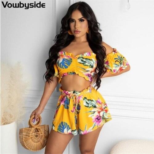 Printed Pattern Casual Fashion Summer New Womens Suit Short Sleeved Slash Neck Top Lace Up Short Sets