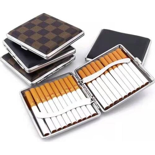 Mens Leather Cigarette Box 20 Sticks Cigar Case Metal Leather Gift Smoking Accessories Cigarette Lady Storage Cover Hold