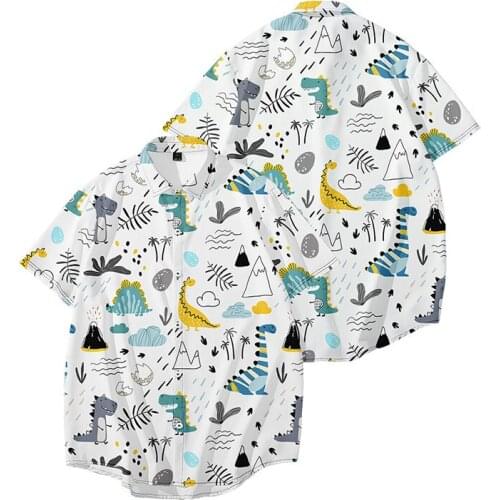LCFA Men Short Sleeve Lapel Printed Shirt crane Pattern Floral Shirt Casual Summer Hawaiian Holiday Camisa Top Animated dinosaur