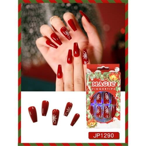 24pcs Christmas Theme Fake Nails Snowflakes Printed DIY Slider Glue Type Removable Long Paragraph Fashion Full Cover Manicure