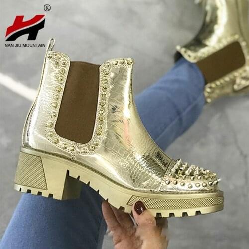 NAN JIU MOUNTAIN 2020 Women Martin Boots Handmade Autumn Shoes Solid Color Rivets Mid Heel Fashion Comfortable Plus Size 41