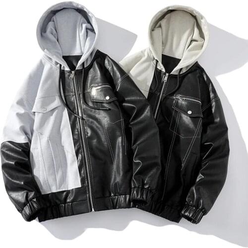 New Men PU Leather Patchwork Bomber Jacket Patch Hooded Overcoat 2021 Spring and Autumn College Style Mens Baseball Jackets