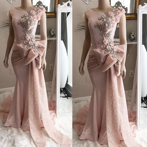 Lace prom dresses 2021 pink beaded hand made flowers pleats bowknot crystal mermaid long evening dresses gowns