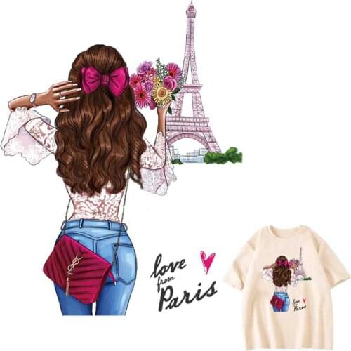 Romantic Paris Patches For Clothes DIY Washable Woman T-Shirts Heat Transfer Thermal Stickers Fashion Girl Iron On Appliqued