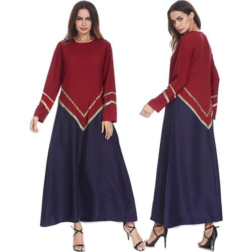 Stylish Loose plus Size Color Block Gold Bar Dress Robe Womens Clothing islamic clothing for women clothes for muslim women