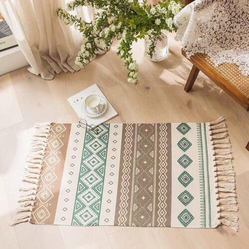 Retro Cotton Linen Woven Printed With Tassel Carpet Floor Mat For Bedroom Kitchen Door Pad Tapestry Home Decoration Table Cloth