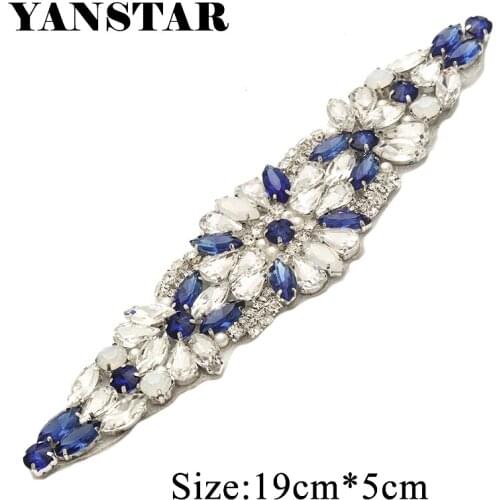 YANSTAR(30pcs) Bridal Sash Silver and blue Crystal Rhinestones Appliques Iron On For Wedding Dress Sash YS934B