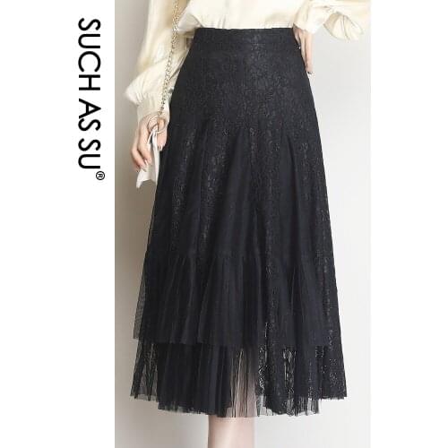 High Quality Summer 2021 New Korean Fashion Black Apricot Skirt pleated Plus size women skirts High waist Lace Splice Mesh Skirt