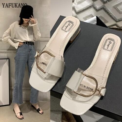 Transparent Slippers Mules Slides Summer Women Shoes Metal Buckle Peep Toe Square Low Heels Clear Slippers Ladies Shoes Woman