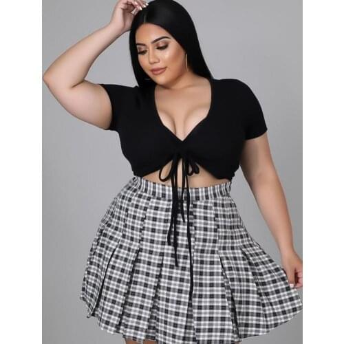 Womens Summer Suit Plus Size Women Fashion Drawstring T-Shirt Plaid Pleated Skirt Two-Piece Suit