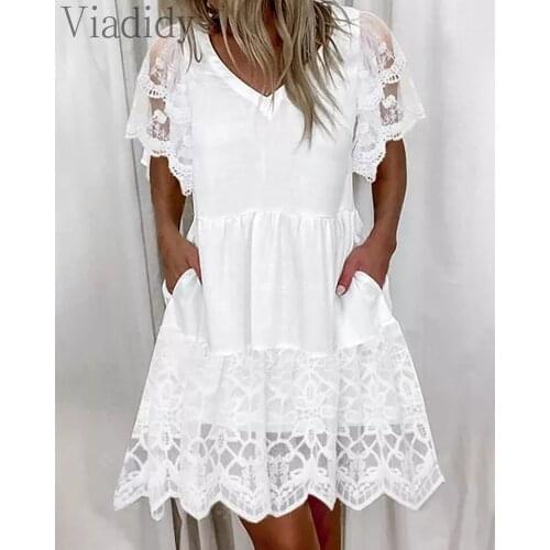 Women Lace Pocket Design Short Sleeve White Casual Dress