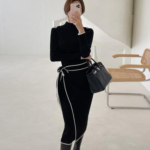 Fashion Autumn Women Korean Bodycon Sashes Midi Party Dress Ladies Elegant Vintage Hollow knitted Elasticity Female Belted Dress