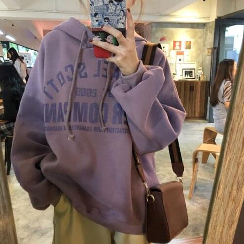 Winter new chic Harajuku vintage Preppy Style hooded plus velvet sweatshirt women fashion loose hooded casual female sweatshirt