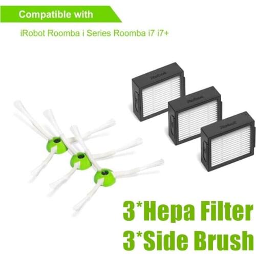 3*Hepa Filter + 3*Side Brush for iRobot Roomba i7 E5 E6 I Series Robot Vacuum Cleaner Replacement Spare Parts