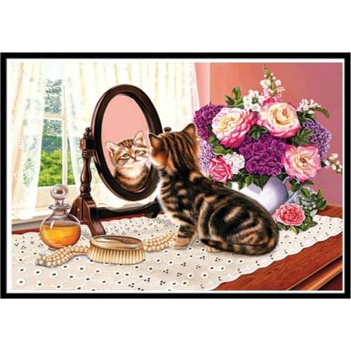 5D diamond painting full diamond cat looking mirror round diamond mosaic pattern home decoration DIY handmade