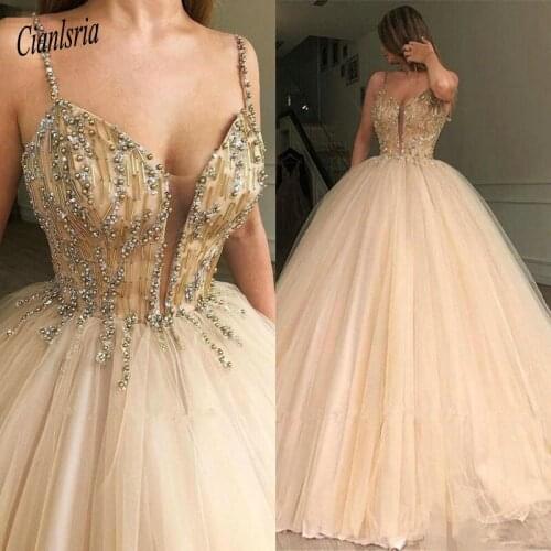 Champagne Tulle Ball Gown Quinceanera Dress 2020 Elegant Heavy Beaded Crystal Spaghetti Strap Sweet 16 Dresses Prom Gown