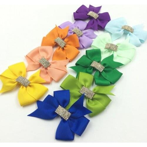 120pcs/lot 3" 30colors Handmade Grosgrain Bows Rhinestone Buttons Ribbon Boutique Hair Bows For Girl Hair Accessories Hair Clips