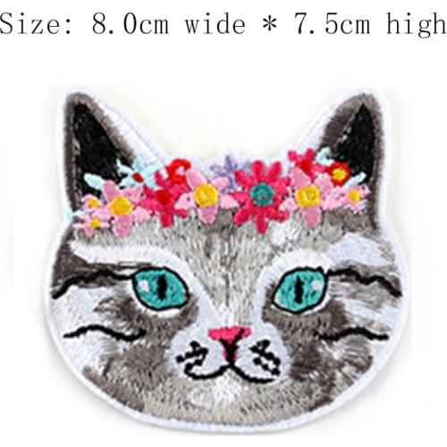 Free Shipping 1pc Cat Flowers 7.5cm High Iron On Sew For Left Chest/Applique/Hot Cut/Animal Patch/Blue Eyes/Grey Head/Ear