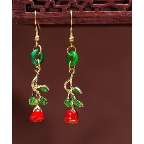 BOEYCJR Ethnic Vintage Enamel Rose Alloy Dangle Earrings Fashion Jewelry Flower Drop Earrings For Women