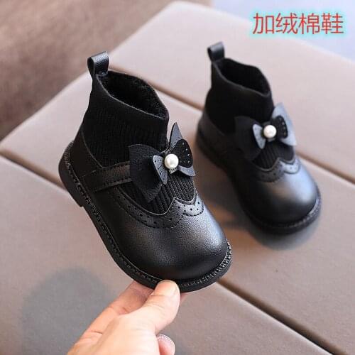 Girl Fashion Bow Elastic Socks Leather Boots Female Winter Warm 2020 Ankle Boots For Baby Kids Shoes Children 1 2 3 4 5 6 Years