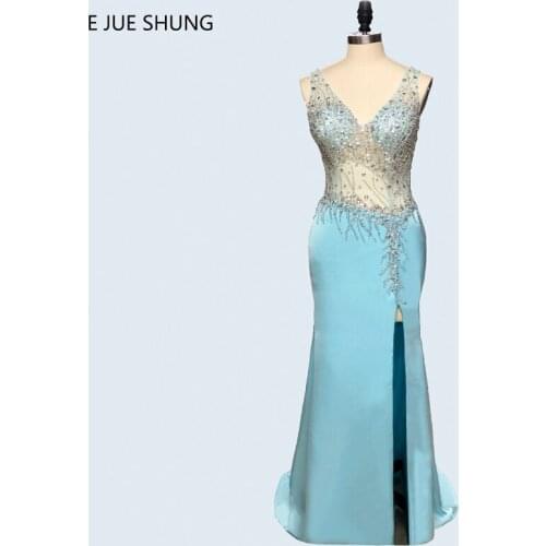 E JUE SHUNG Light Blue Crystals Beading Sequined Luxury Mermaid Evening Dresses V-Neck Long Prom Party Dresses Formal Dresses