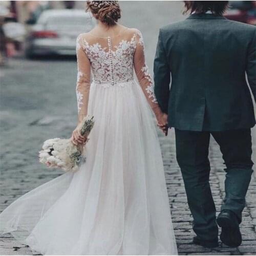 Scoop Elegant Full Sleeve A-Line Sweep Train Applique Lace Wedding Dress vestido de noiva Bridal Dress Wedding Gowns