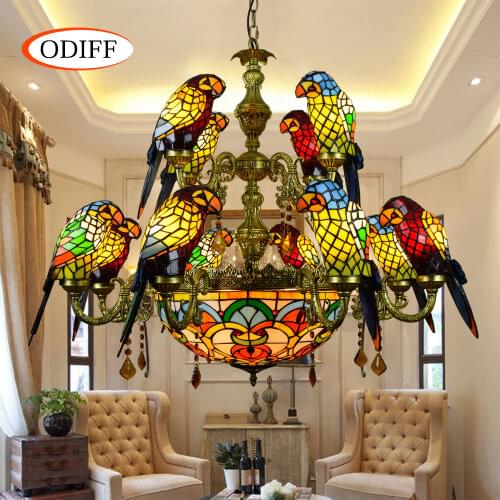 European Luxurious Parrot Double deck pendant lamp Stained glass12 bird villa Restaurant Bar club Living room crystal Arab lamp