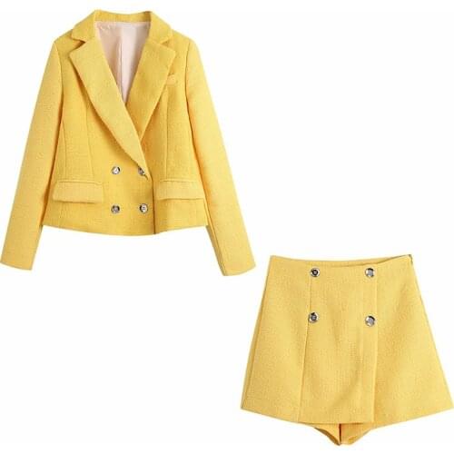 Klacwaya Za Women 2021 Fashion Yellow Shorts Skirt Chic Lady Suits Textured Double-Breasted Casual High-Waisted Shorts Skirts