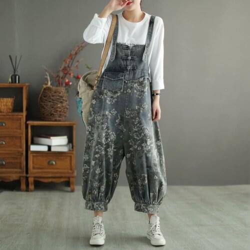 2021 Spring Long Jeans Jumpsuits Women Large Size Loose Denim Overalls Flower Floral Print Button Pocket Vintage Strap Rompers
