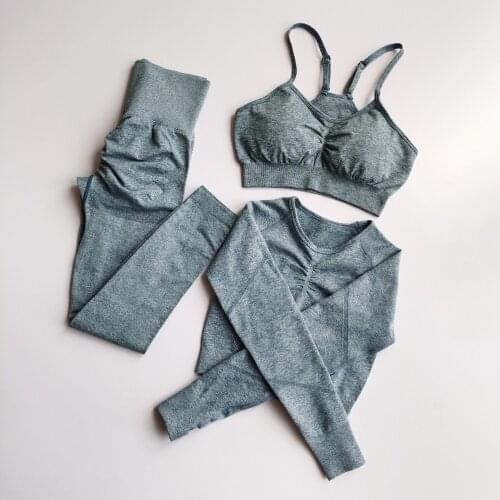 3 PCS Yoga Set Women Seamless Fitness Clothing Sportswear Gym Butt Scrunch Leggings Strappy Sports Bra Long Sleeve Crop Top Suit