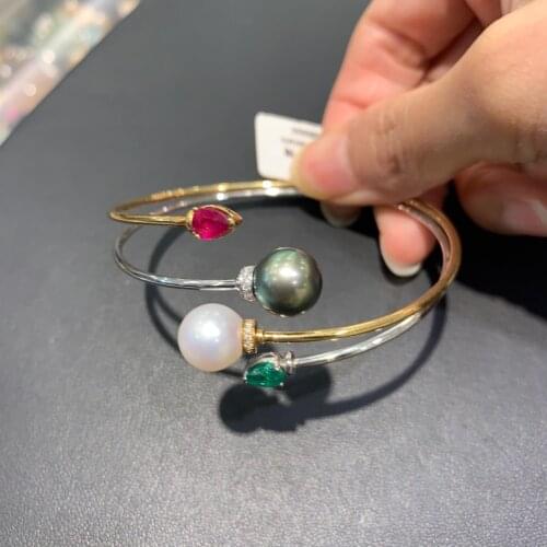 Natural tahiti pearl and akoya pearl bangle 18K white gold and 18K gold gold double layers fine women jewelry luxury ruby
