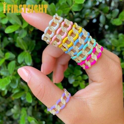 New Gold Color Blue Pink Colorful Enamel Rinns CZ Paved Miami Cuban link Chain Engagement Wedding Band Ring For Women Jewelry