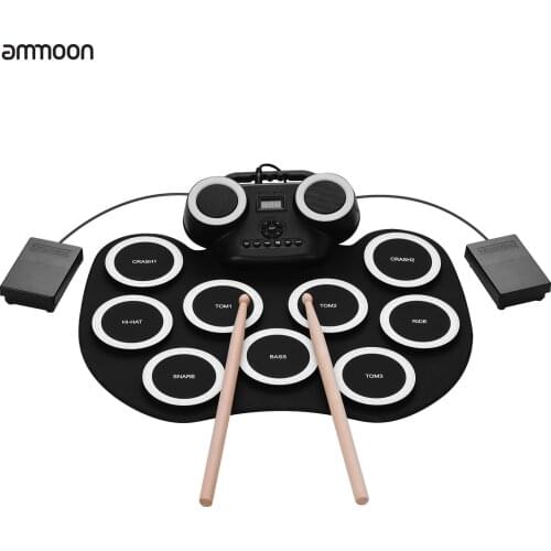 Ammoon Portable Roll-up Electronic Drum Pad Silicon Digital Drum with Built-in Speakers Foot Pedals Headphone Monitoring Battery