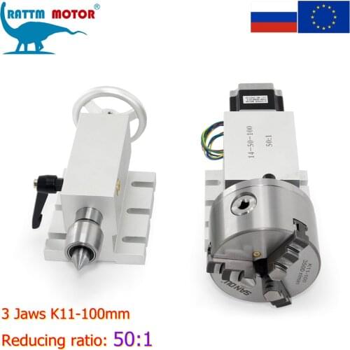 4th axis K11-100mm 3 jaw Chuck 50:1 or 100:1 Reducer Gearbox dividing head & 65mm Tailstock for CNC Router Machine