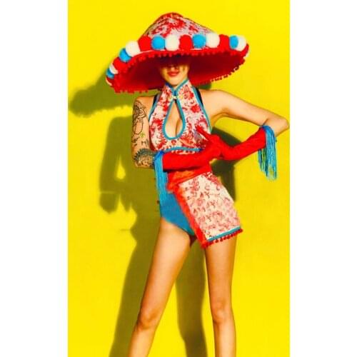 Sexy Chinese Style Suit Hollow Vest Tassel Gloves Women Nightclub Party Show Wear Rave Outfit Pole Dance Clothing XS2520