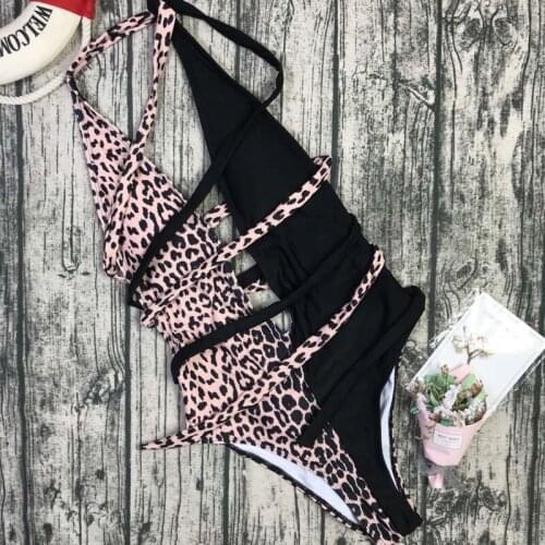 Sexy Leopard Patchwork One Piece Swimsuit Swimwear V Neck 2020 Bathing Suit Bandage Sexy Bodysuit Monokini Summer Beachwear Top