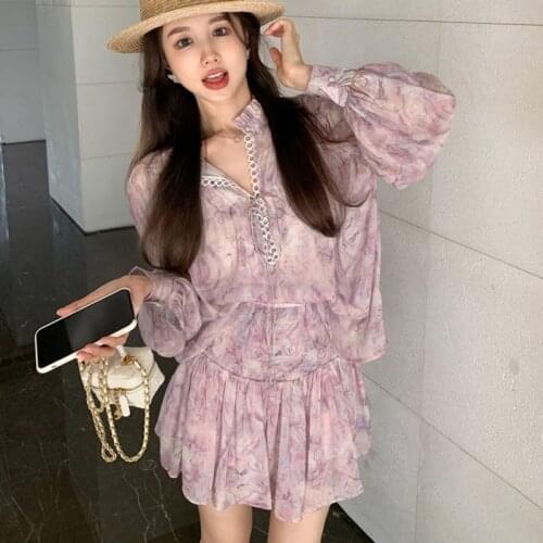 Spring Fall Chiffon Print 3pcs Sets Long Sleeve Shirt Blouse + Camisole + Skirts Sets Fashion Streetwear Tops Vest Skirt Suits